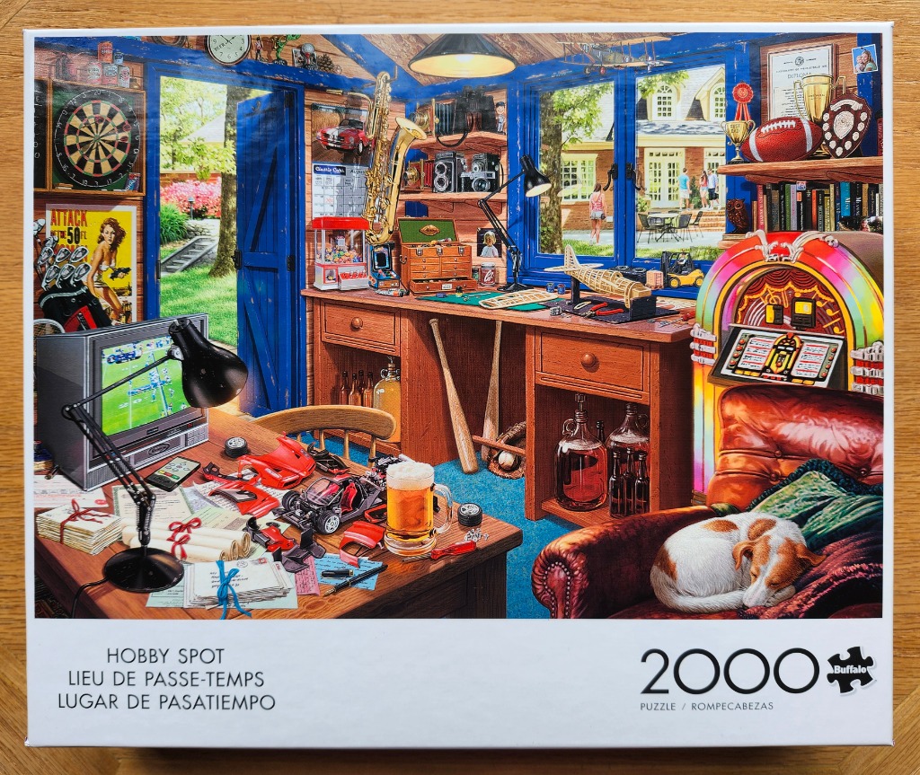 An illustration of a cluttered hobby room filled with various collectibles, hobby equipment, and a sleeping dog.