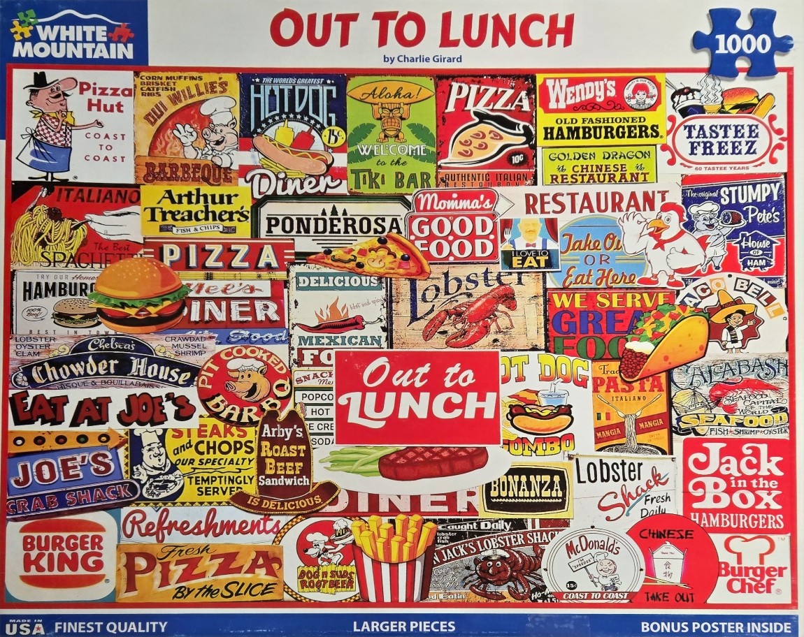 A collage of vintage-style restaurant signs and advertisements featuring fast food and classic diners.