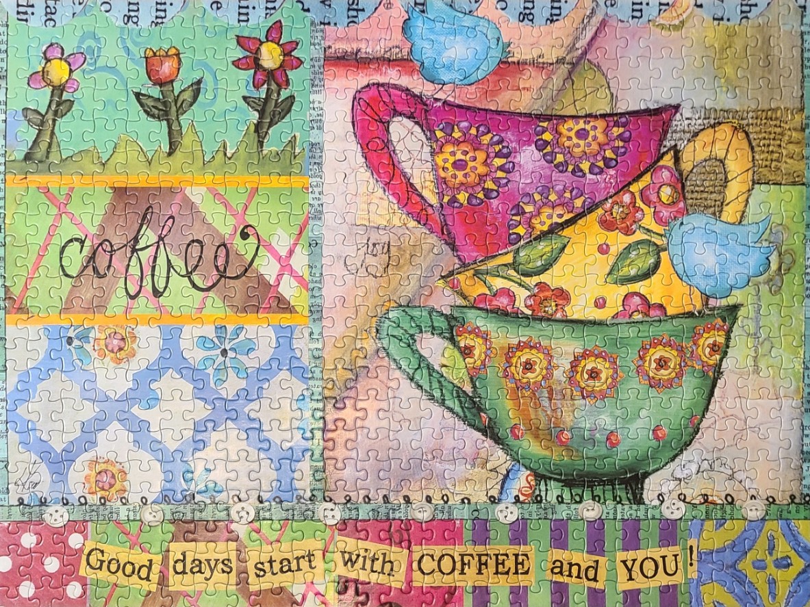 Artistic collage illustration featuring stacked teacups, flowers, and the text Good days start with COFFEE and YOU.