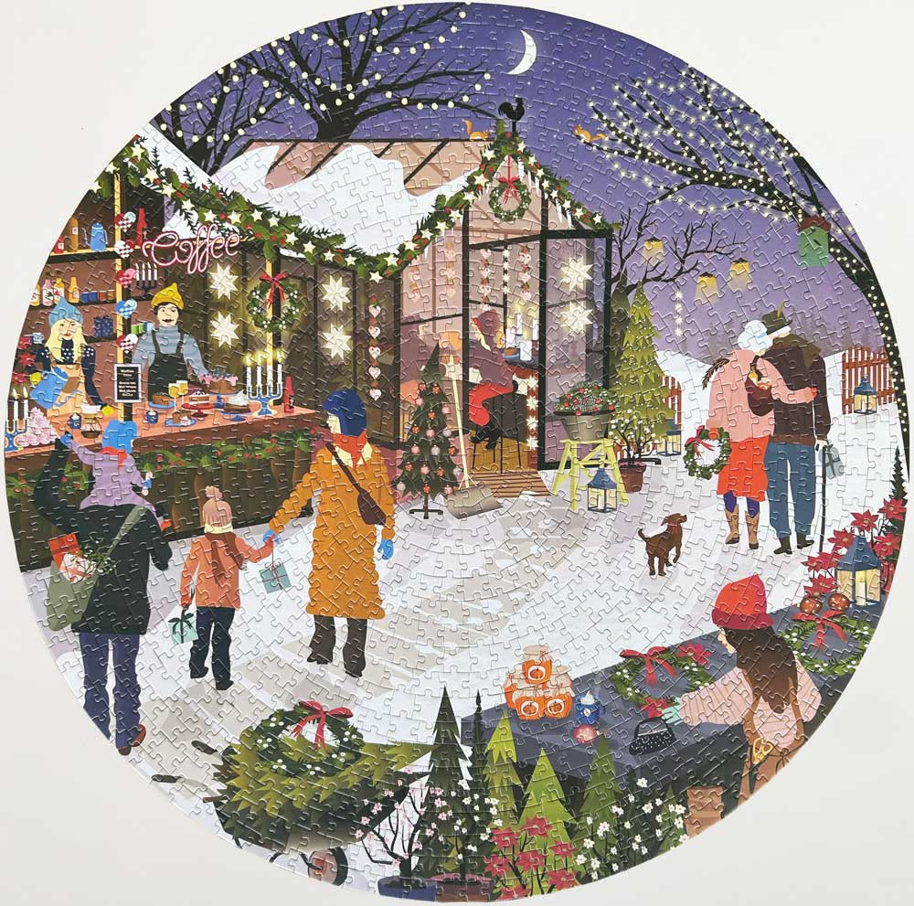Illustration of a lively winter outdoor Christmas market at night surrounding a greenhouse.