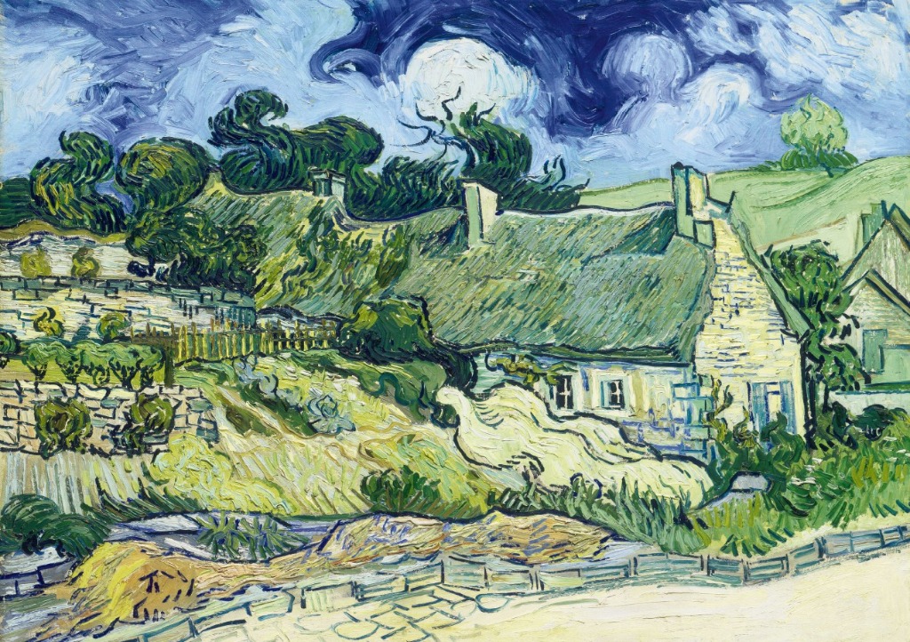Oil painting of thatched-roof cottages under a dark, swirling sky