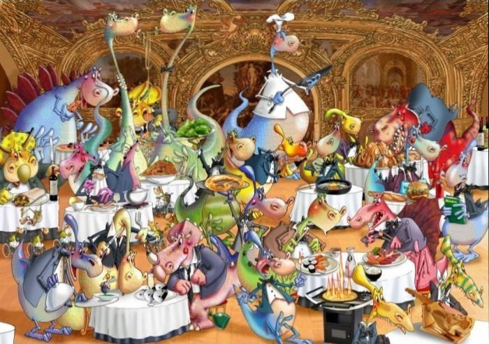 A whimsical illustration of many colorful, cartoonish dinosaurs dressed in formal wear dining in a luxurious ballroom.