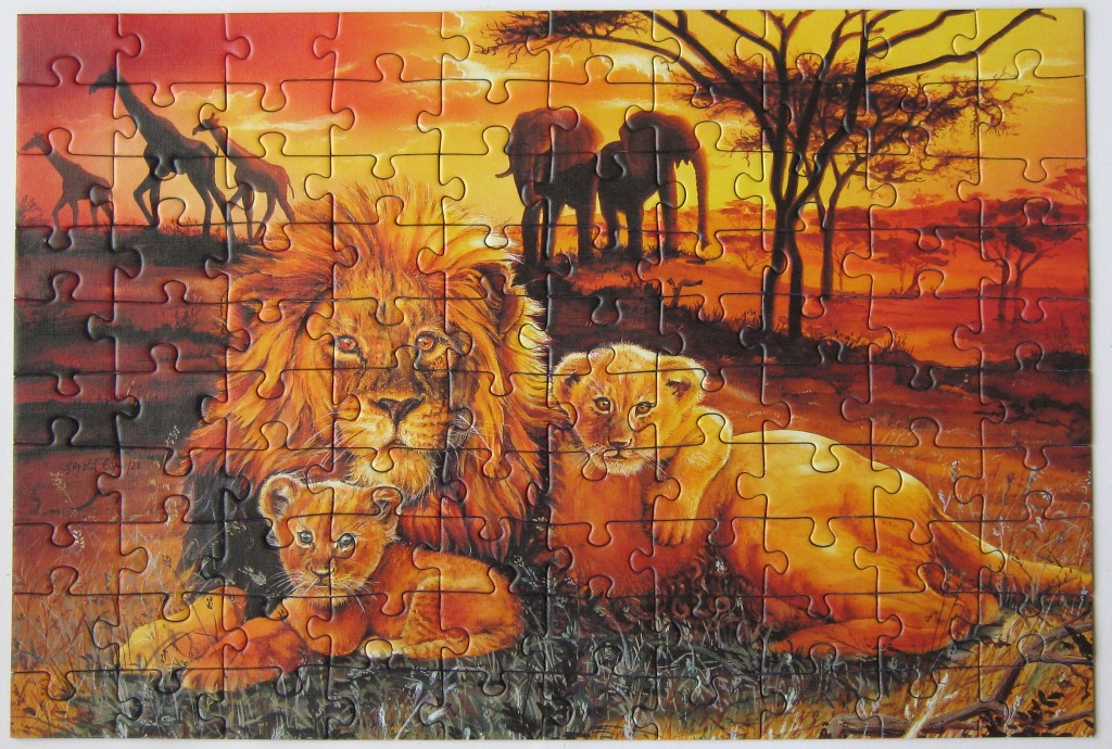 An illustration of a lion family in the African savanna at sunset with giraffes and elephants in the background.