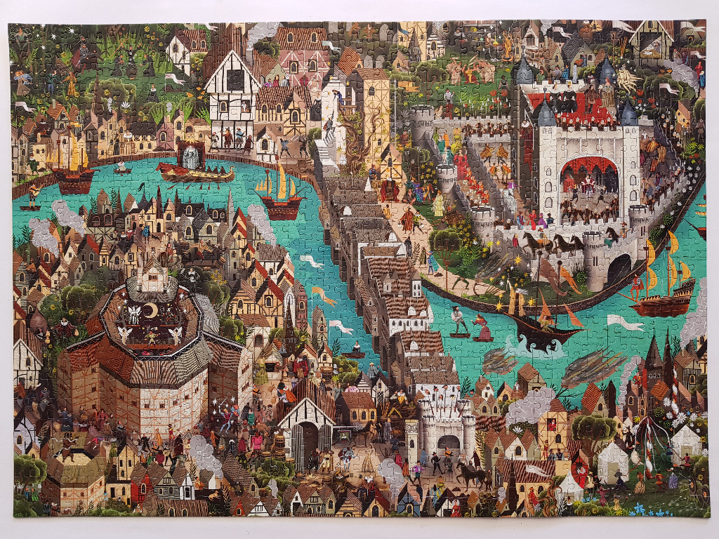 An intricate, whimsical illustration of a bustling Tudor-era town centered around a theater and castle.