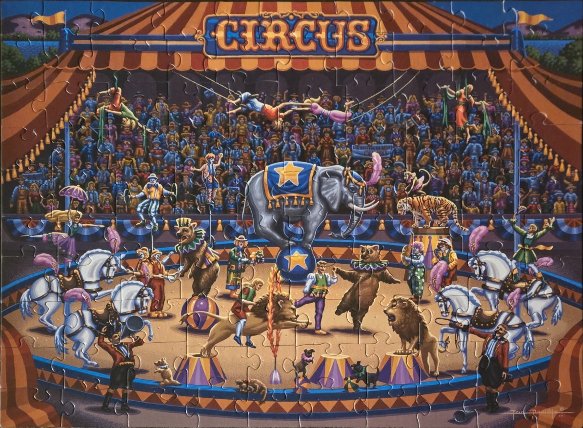 An illustration of a bustling circus performance inside a large striped tent featuring animals and acrobats.