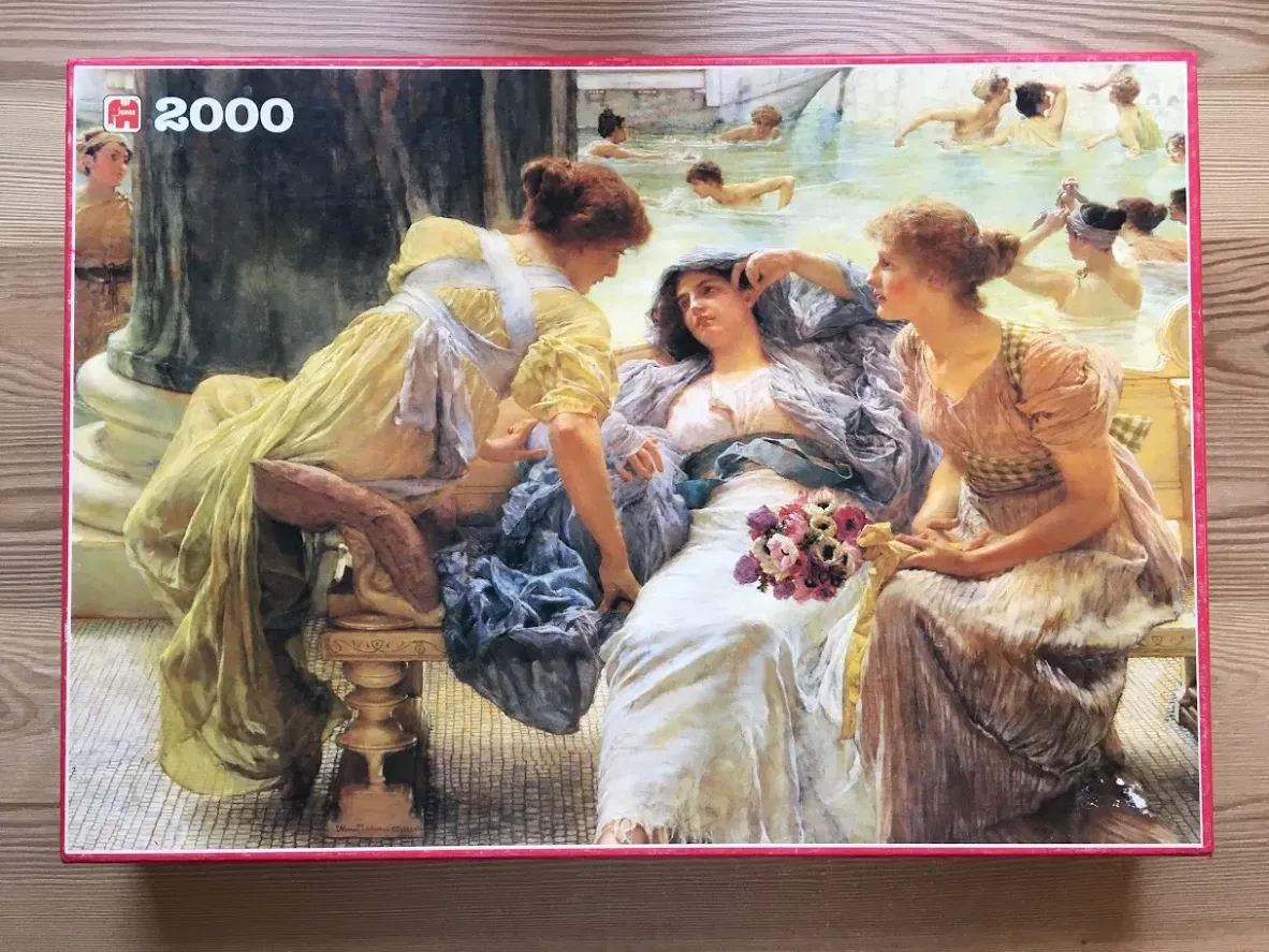 A classical oil painting of three Victorian-era women lounging by a bath, with others swimming in the background.