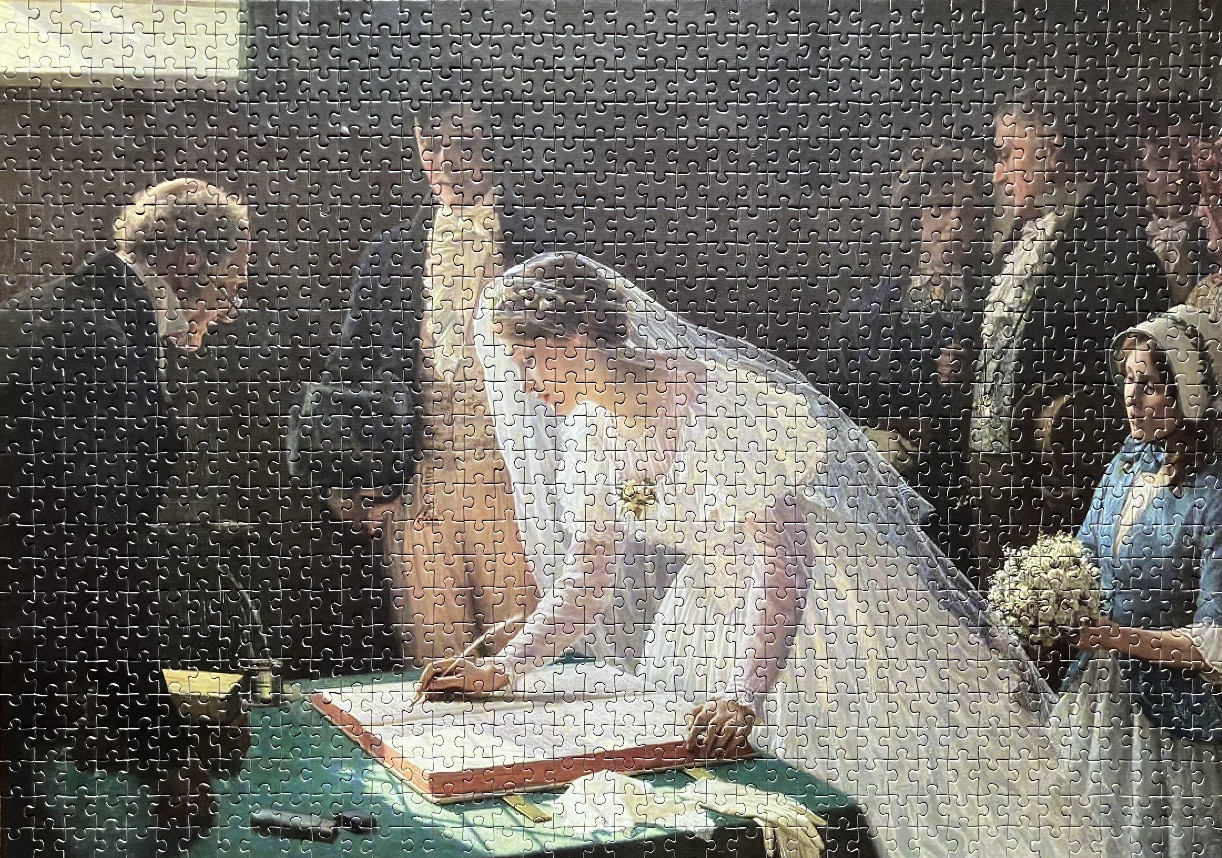 A wedding scene from a 19th-century oil painting depicting a bride signing a register.