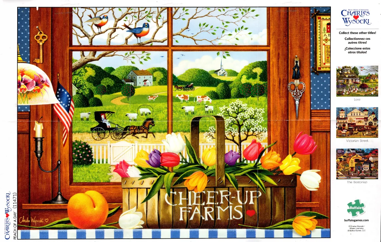 A view through a wooden window frame looking out at a rolling rural landscape with horses, cows, and a basket of tulips.