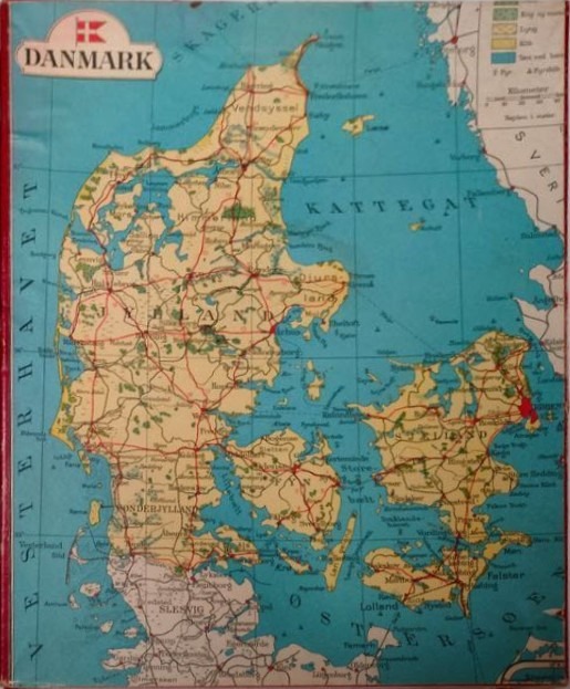 A vintage map of Denmark illustrating geography, major roads, and surrounding bodies of water.