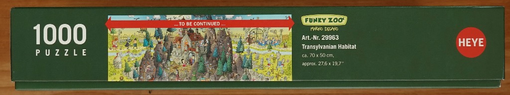 Illustration of a busy Transylvanian habitat with many small figures, green trees, and rocky mountains under a pale blue sky.
