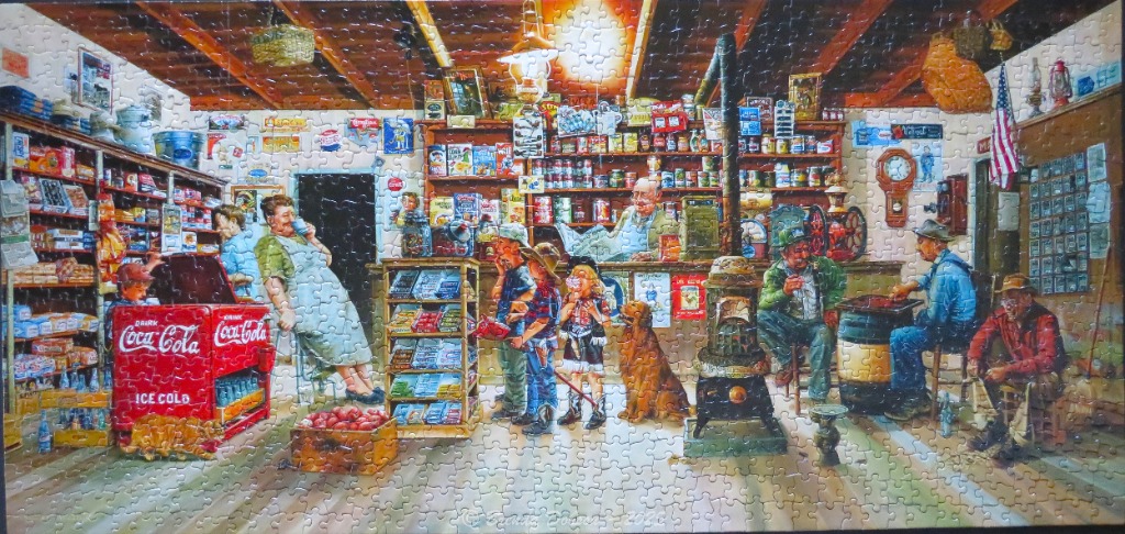 A nostalgic painting of the interior of a crowded, old-fashioned general store with customers and a shopkeeper.