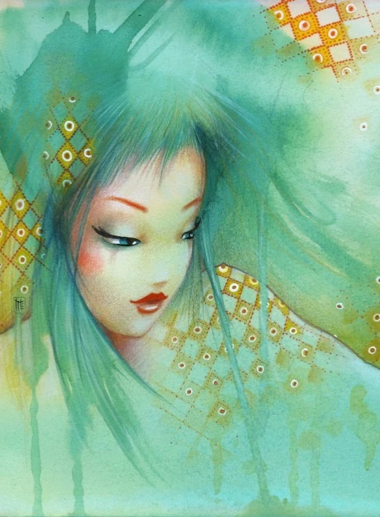 Illustration of a stylized woman with mint green hair against a soft, abstract watercolor background.