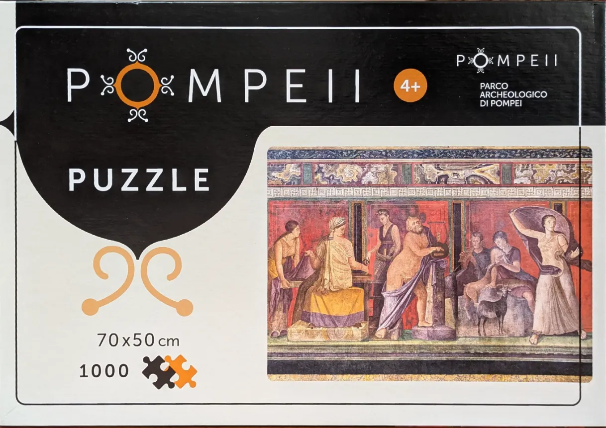 A reproduction of a Roman fresco from Pompeii featuring a group of figures in traditional attire.
