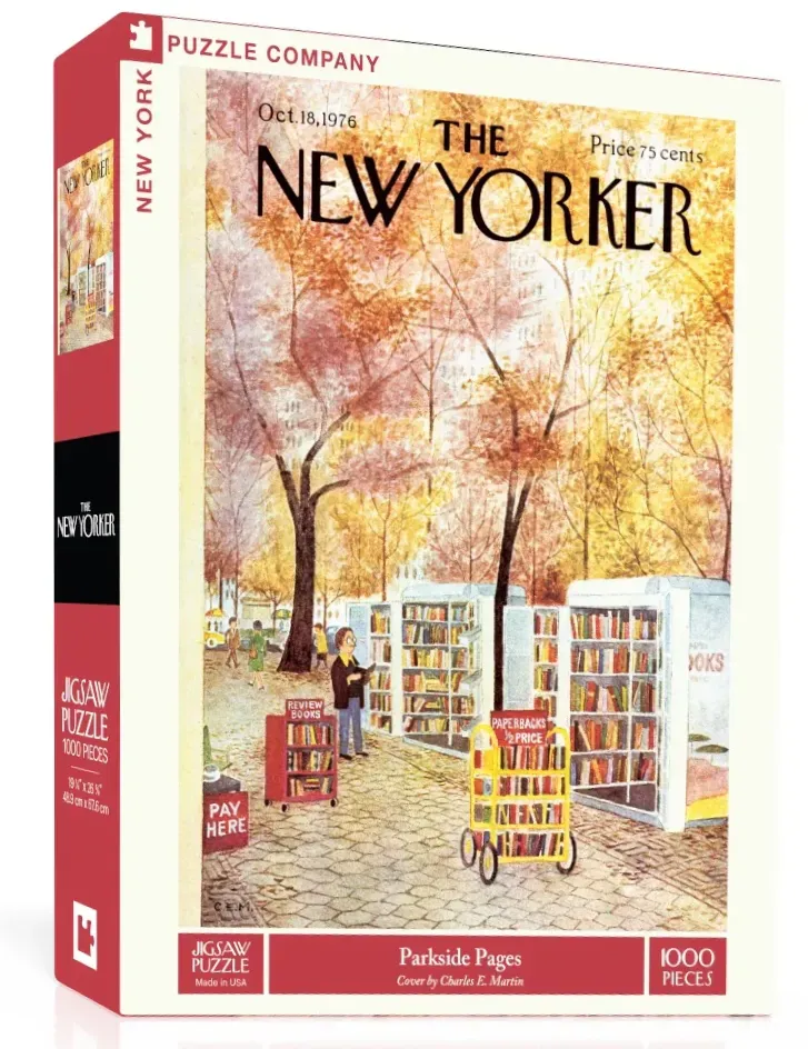 A vintage New Yorker magazine cover illustration depicting an outdoor autumn book stall in a park.
