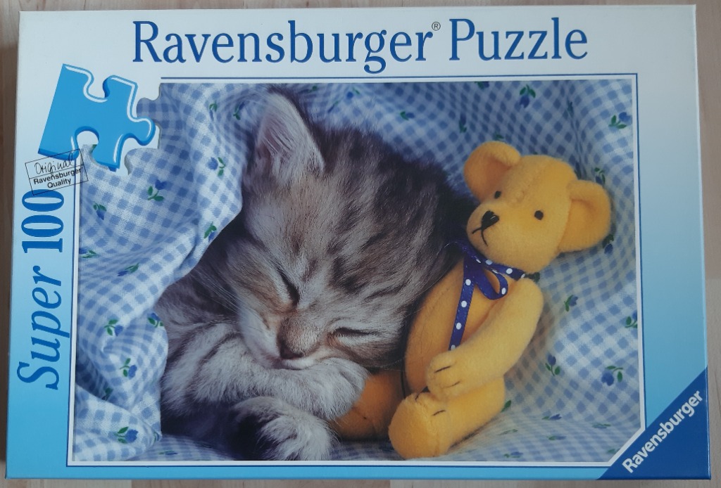 A small, fluffy tabby kitten sleeping soundly next to a yellow teddy bear on a blue and white checkered blanket.