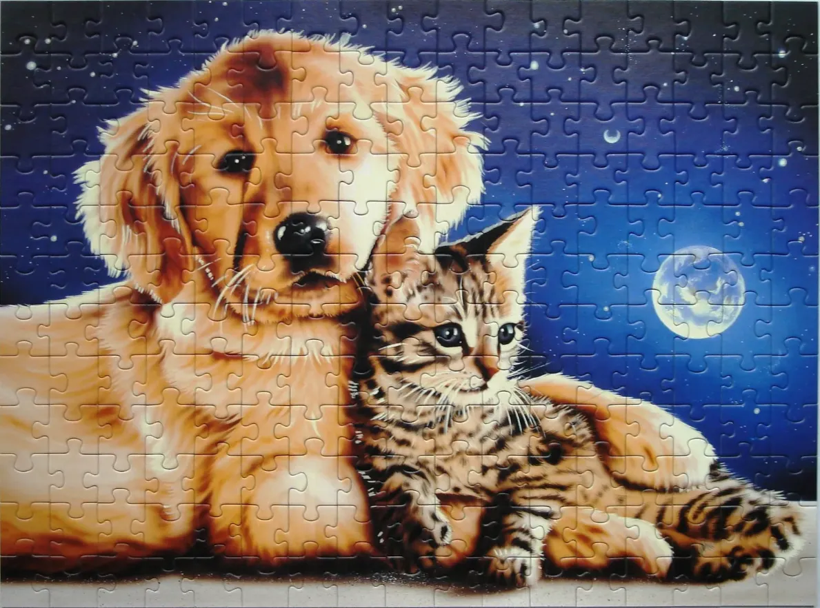 A golden retriever puppy and a small tabby kitten sitting side-by-side against a night sky with a full moon.
