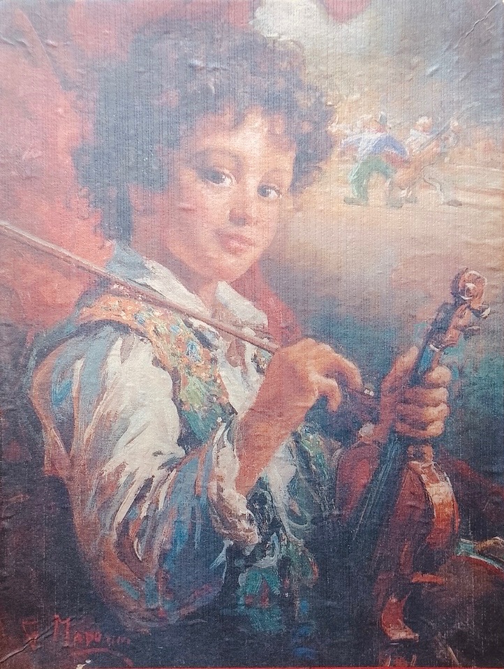An oil painting of a young boy with curly dark hair holding a violin and bow.