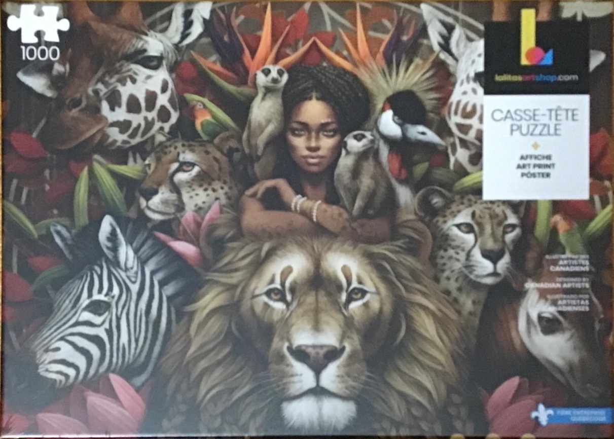A digital illustration of a woman surrounded by various African animals and tropical flowers.