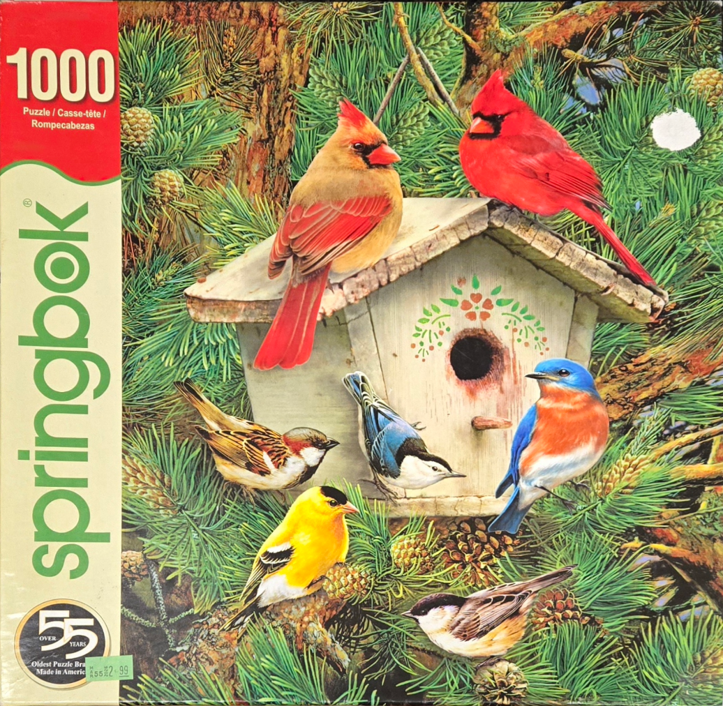 Painting of six diverse songbirds perched on and around a wooden birdhouse nestled in a pine tree.
