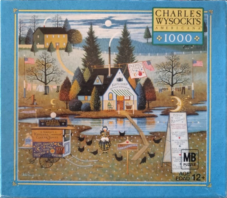 A whimsical folk art painting of a mystical cottage by a pond, featuring a palm reader’s caravan and black chickens.