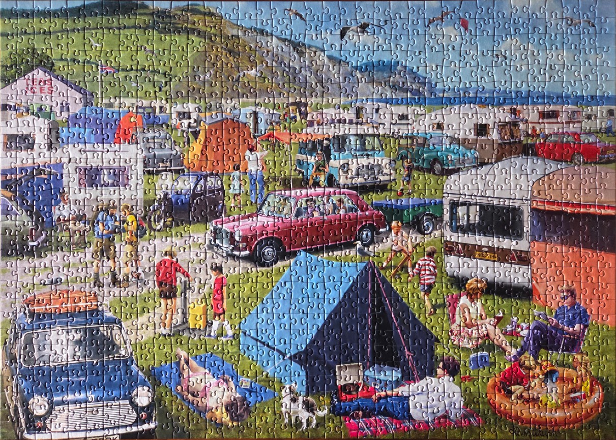 A nostalgic painting of a bustling 1970s British campsite at the base of grassy green hills.