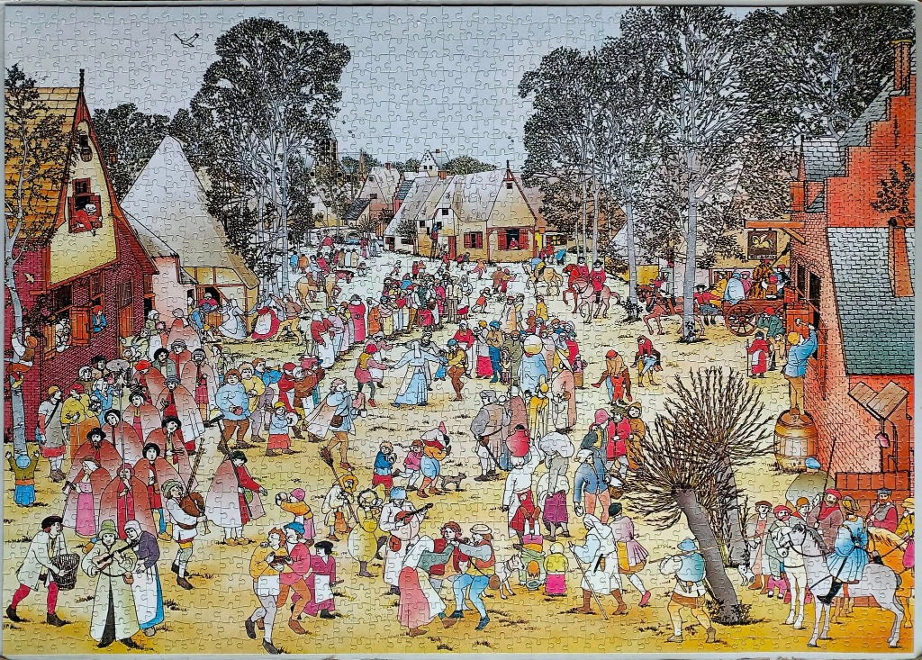 A lively, densely populated medieval village fair scene with people in historical clothing, in an illustrative style.