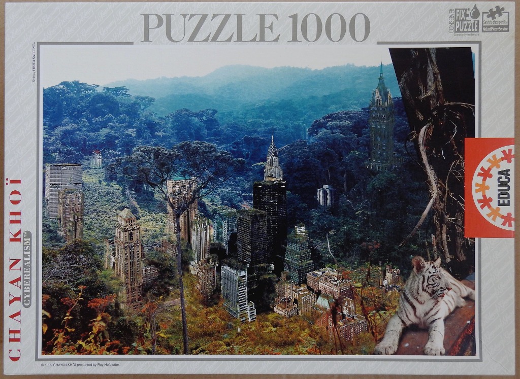 A surreal composite image of New York City skyscrapers overgrown by a dense, misty tropical rainforest with a white tiger.
