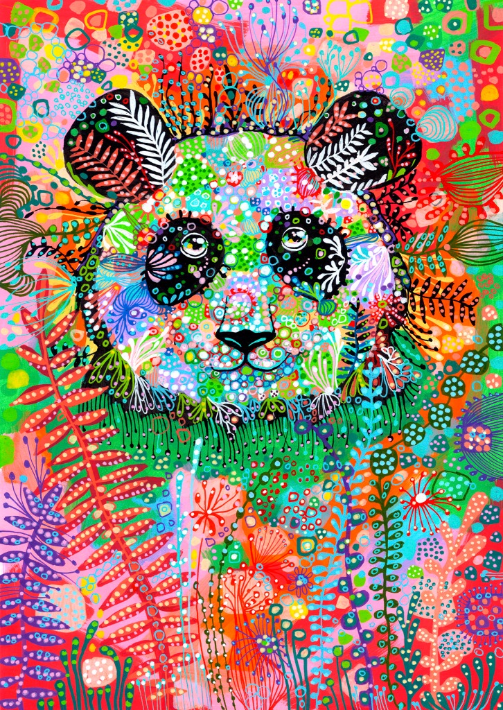 A vibrantly colored, patterned illustration of a panda face surrounded by botanical shapes.
