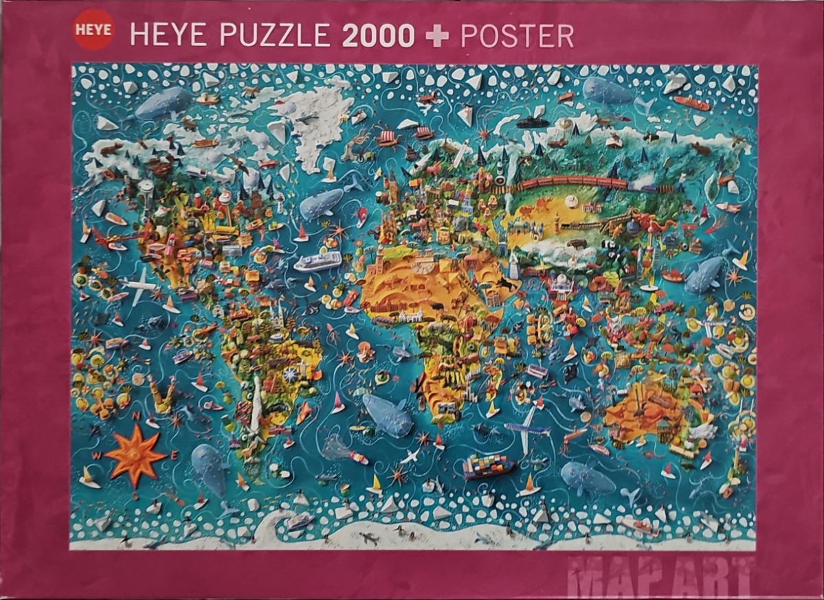 A vibrant, whimsical relief-style world map filled with miniature landmarks, animals, and transport.