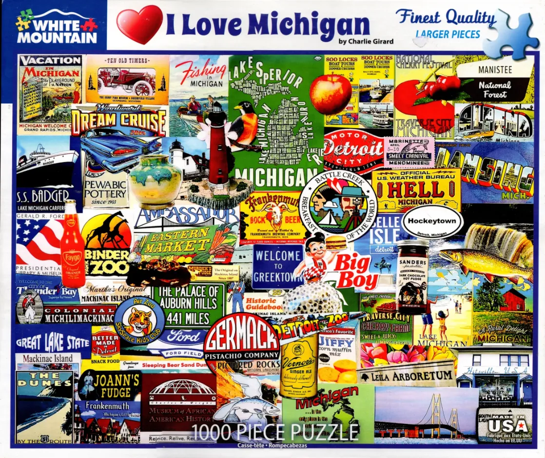 A collage of vintage-style Michigan travel posters, logos, and postcards featuring iconic landmarks and products.