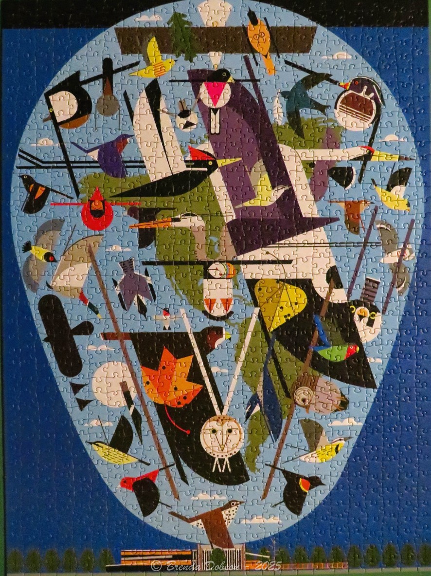 An oval illustration featuring a stylized collage of diverse birds against a soft blue background.