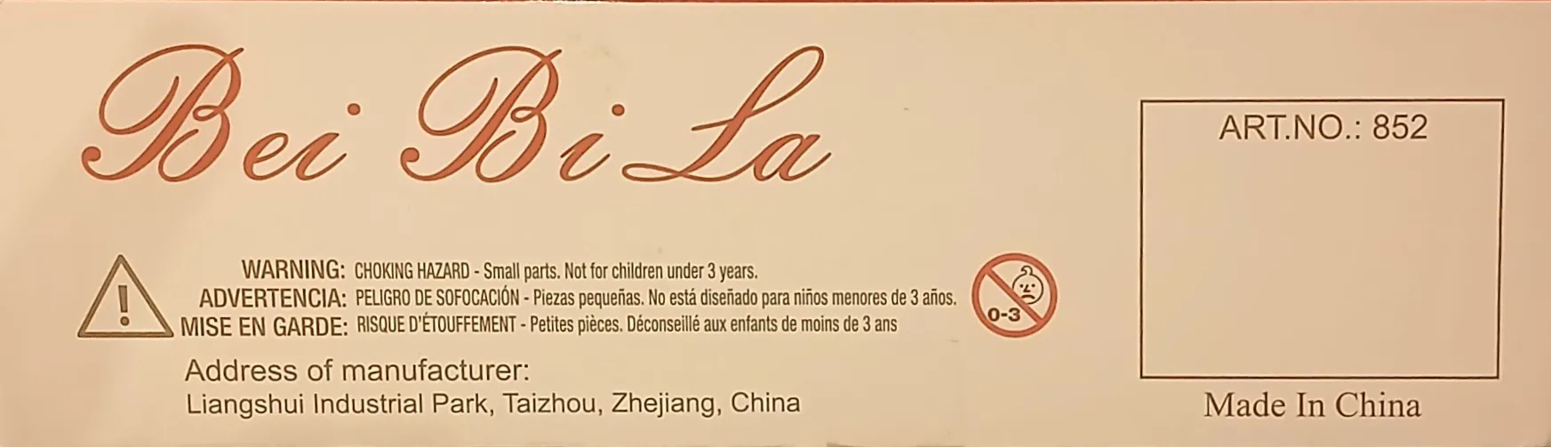Textual label with the name Bei Bi La and manufacturing information