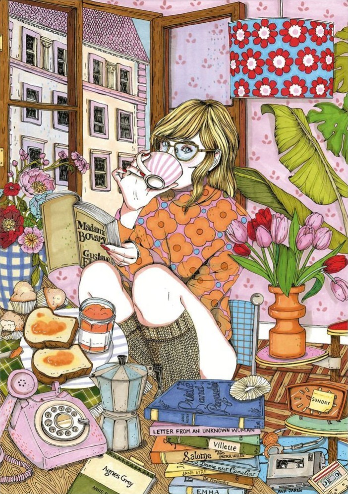 An illustration of a woman reading while drinking coffee by an open window in a room filled with books and plants.