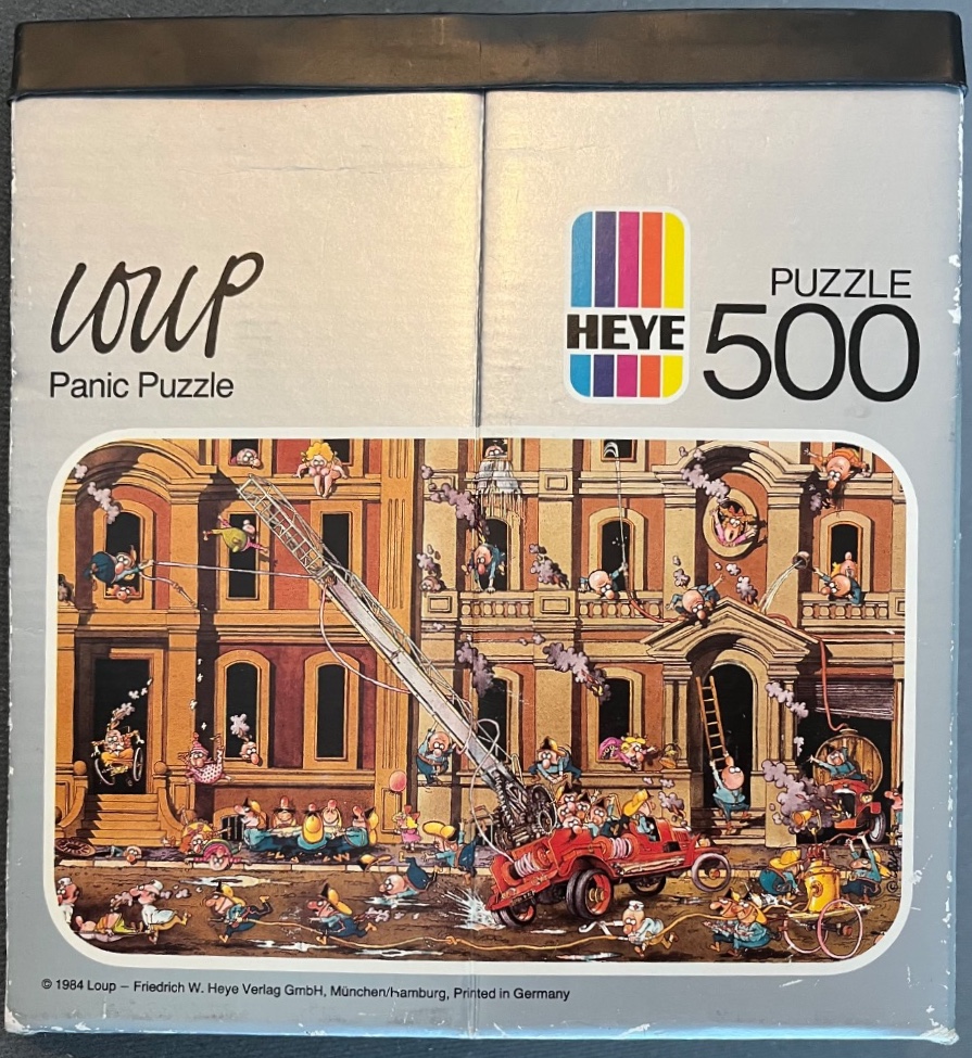 Cartoon illustration of a chaotic fire scene in front of a classical building with many small, frantic characters.