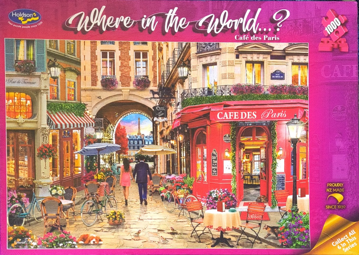 A romantic Parisian street scene with a cafe, stone architecture, and a couple walking toward the Eiffel Tower.