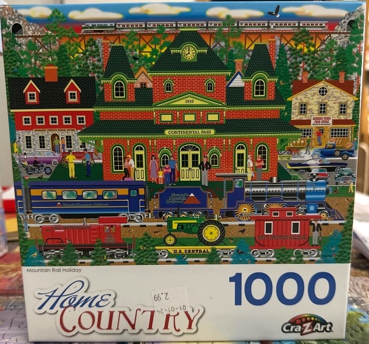 Folk art scene of a red brick train station, multiple locomotives, and a bustling small town atmosphere.