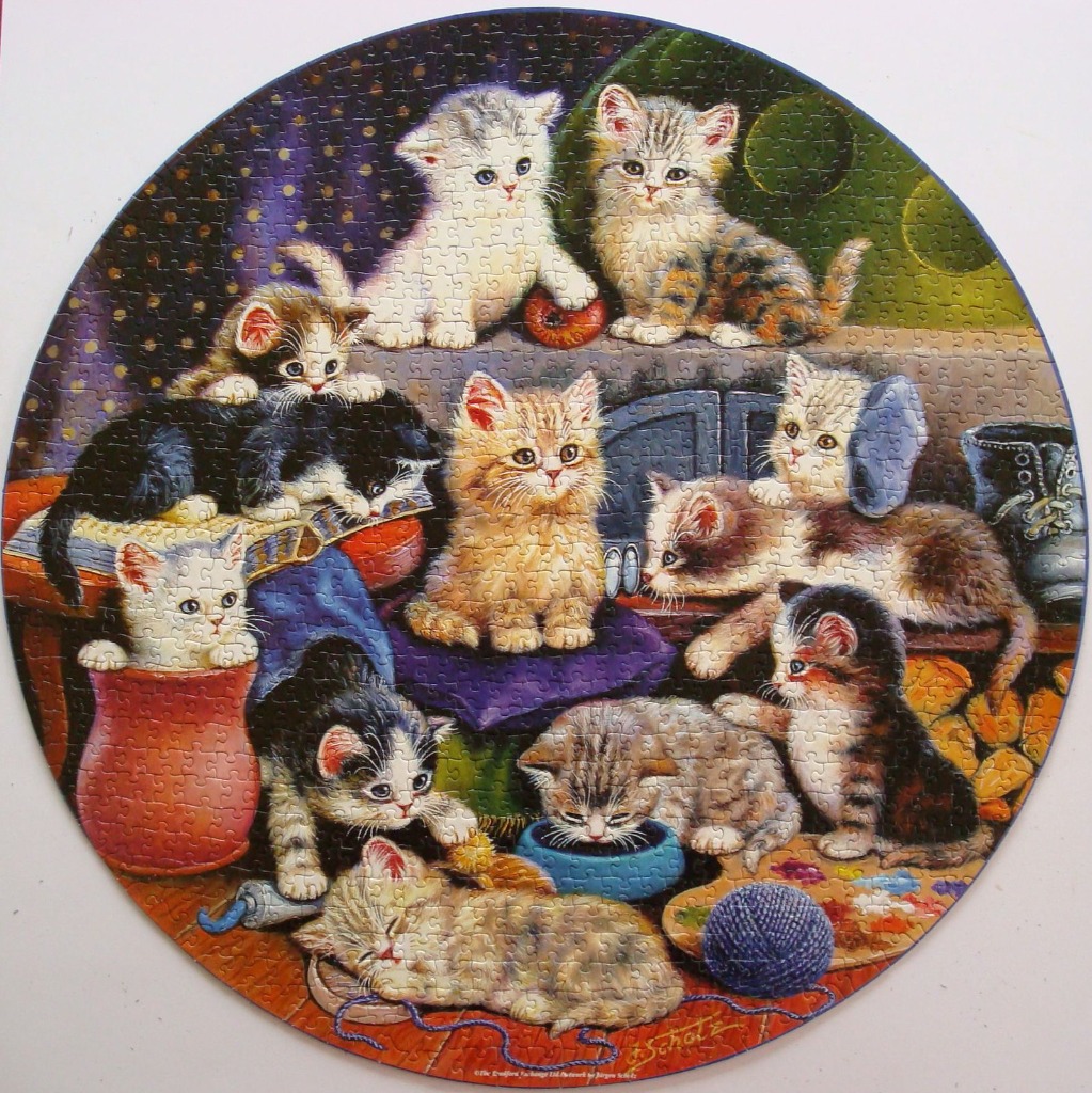 An illustration of ten fluffy kittens playing together in a cozy room.