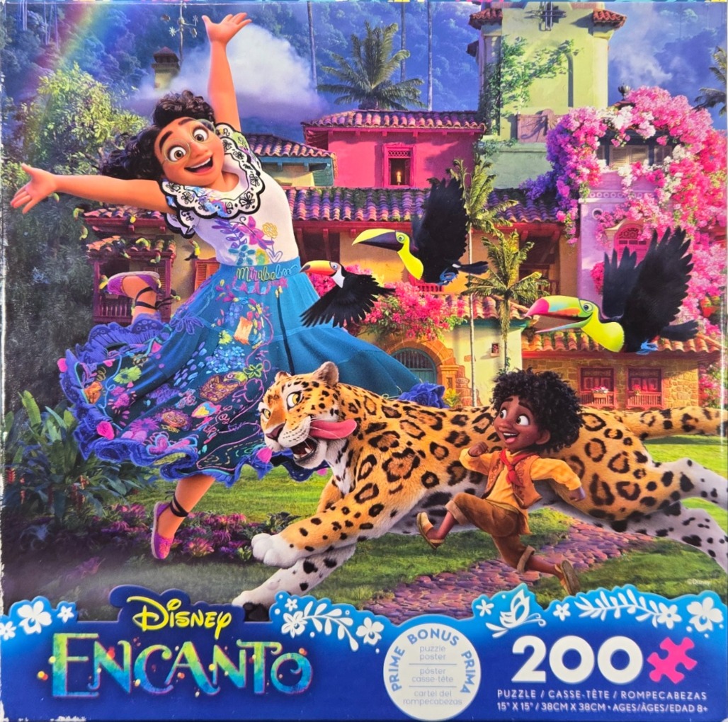 Mirabel, Antonio, and a jaguar in front of the colorful Casita from Encanto
