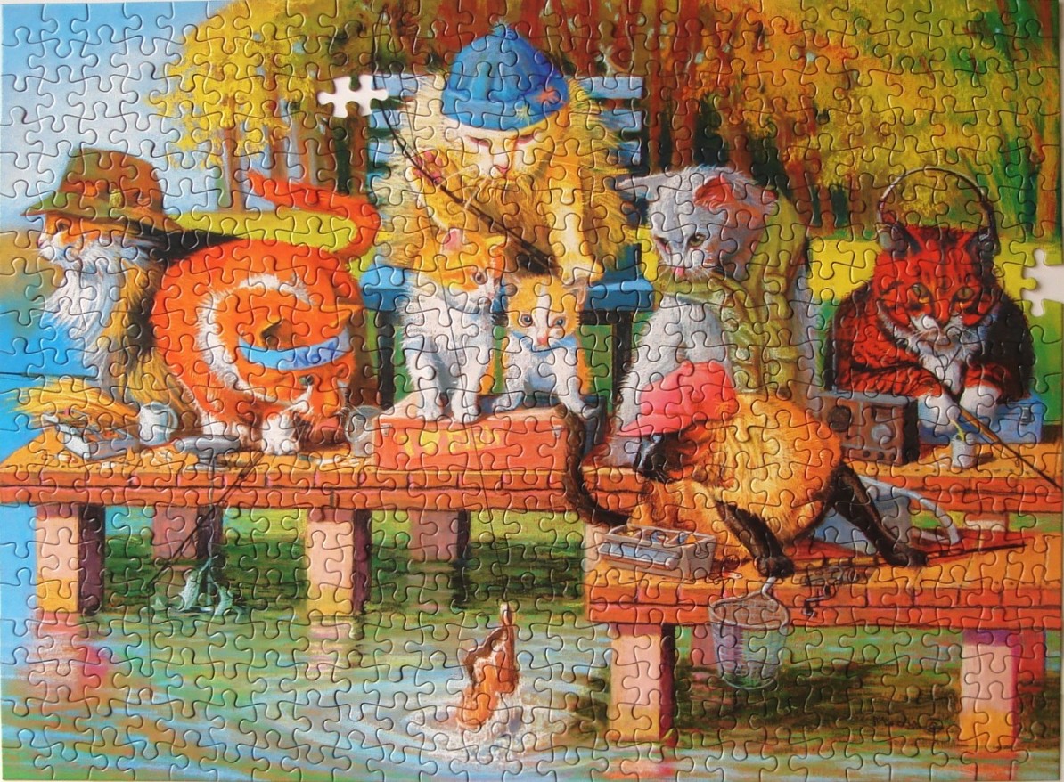 An illustration of several anthropomorphic cats fishing from a wooden dock surrounded by autumn trees.