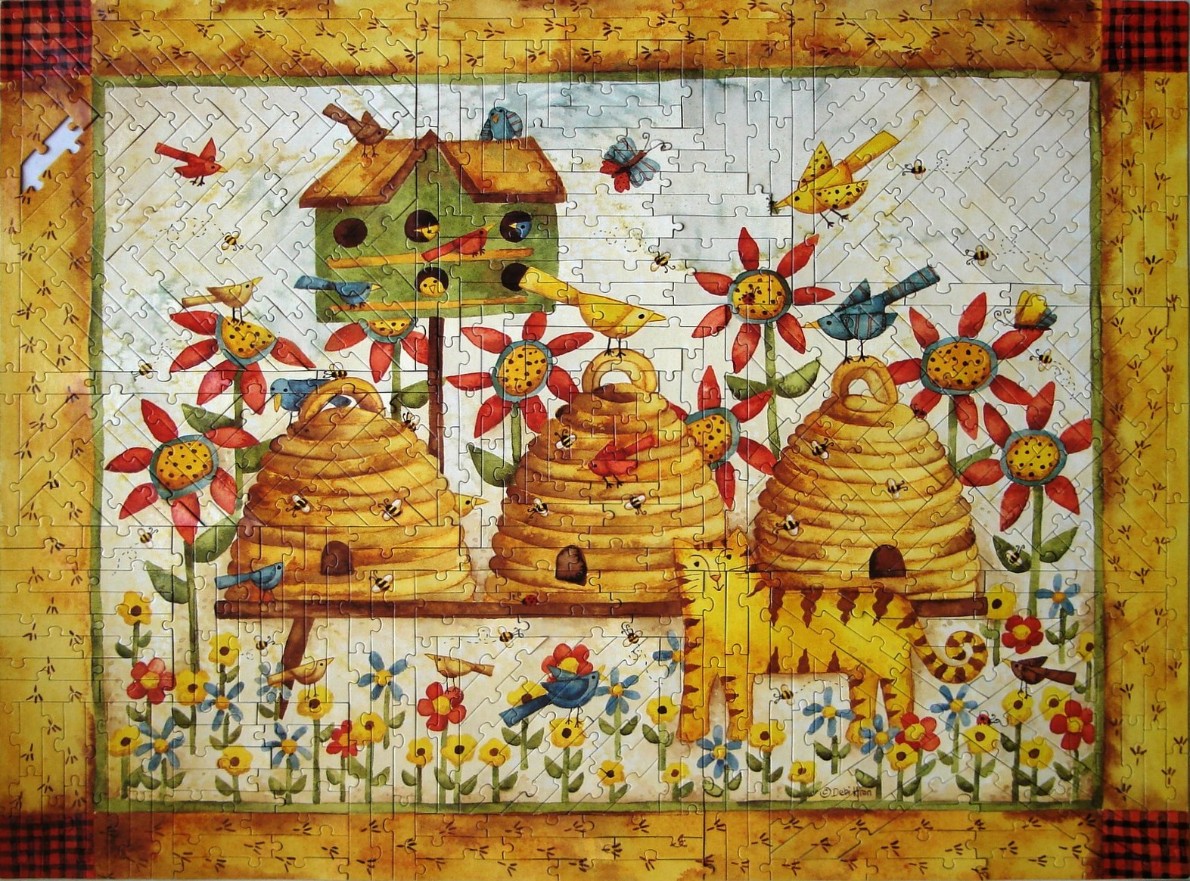 Whimsical folk art illustration of three beehives, a birdhouse, a tiger, and vibrant flowers.
