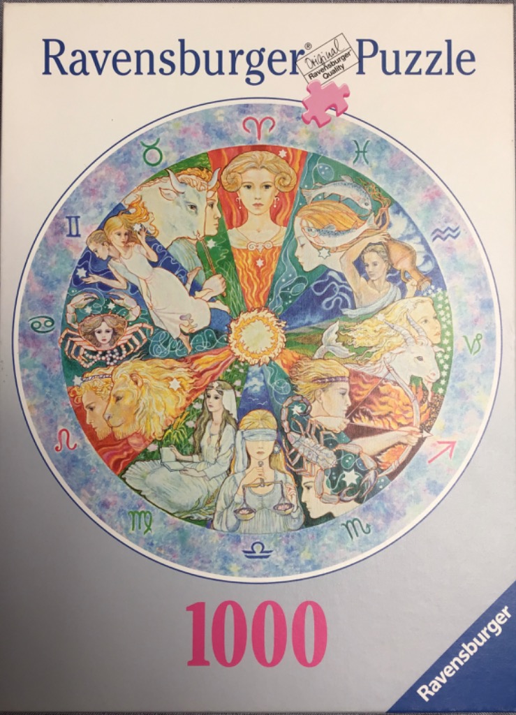 A circular zodiac illustration depicting all twelve signs with human figures and symbolic creatures.