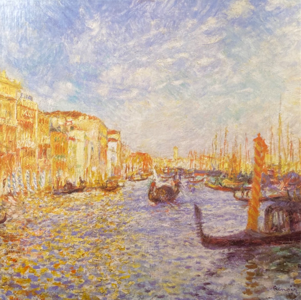 An impressionist painting of the Grand Canal in Venice featuring colorful buildings, gondolas, and shimmering water.
