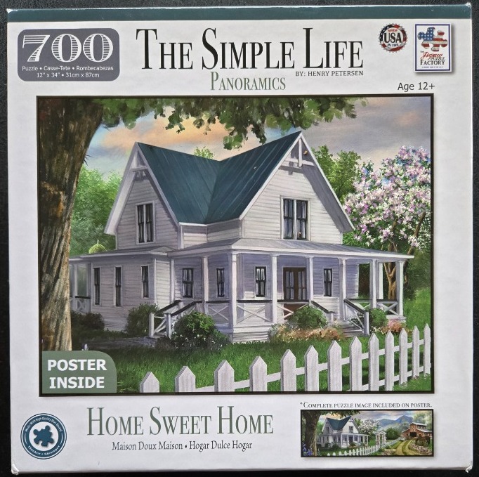 A pastoral painting of a white farmhouse with a green roof and a picket fence.