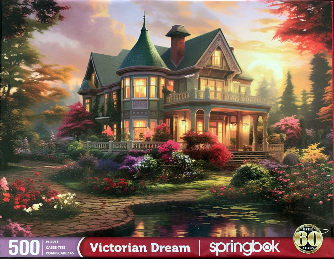 An ornate Victorian mansion at twilight, surrounded by a lush garden, a stone path, and a pond.