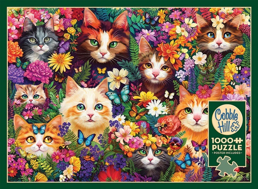 Digital illustration of eight cats nestled among a vibrant, colorful field of flowers and butterflies.
