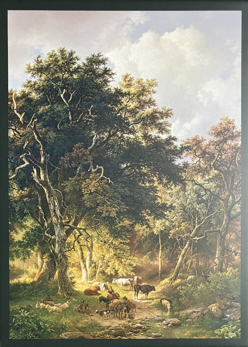 A 19th-century oil painting style scene of a pastoral forest clearing with cattle, sheep, and figures by a stream.