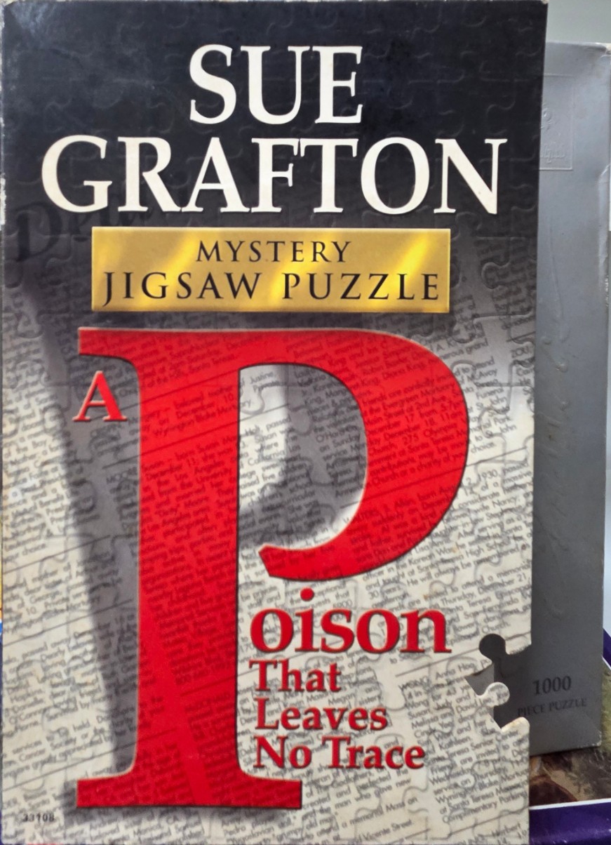 Book cover style illustration of a large red letter P over a background of newspaper obituary text.