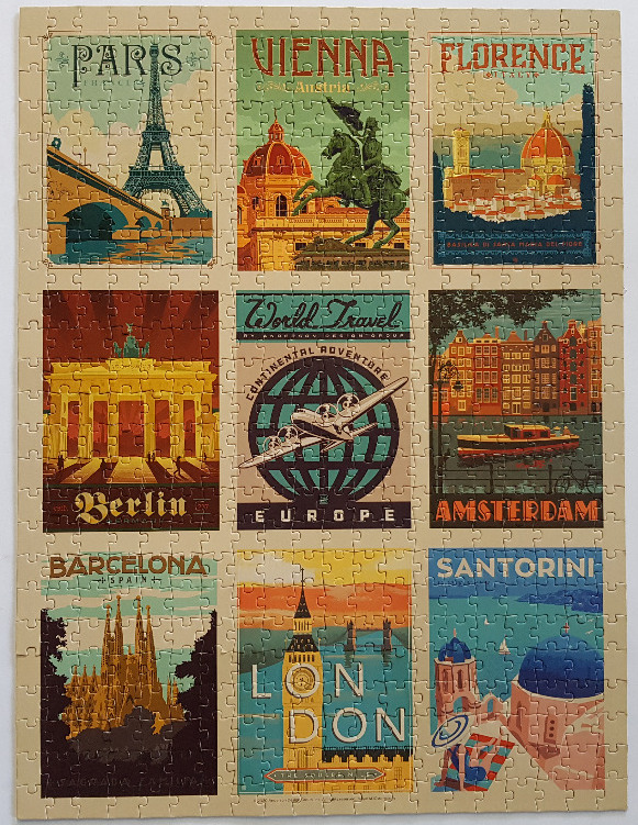 A vintage-style travel poster collage featuring nine European city destinations.