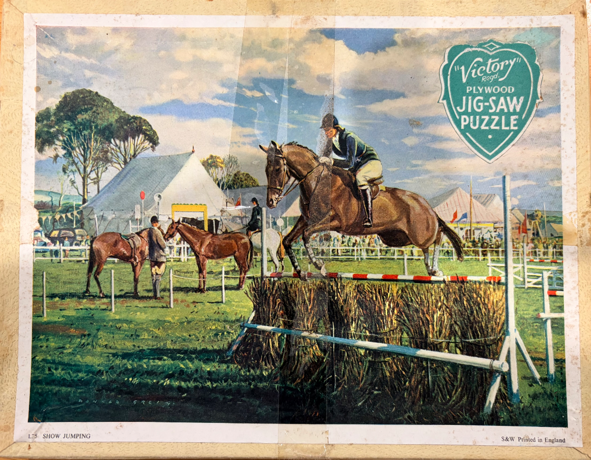 An outdoor painting of a horse and rider jumping over a hurdle at a competition.