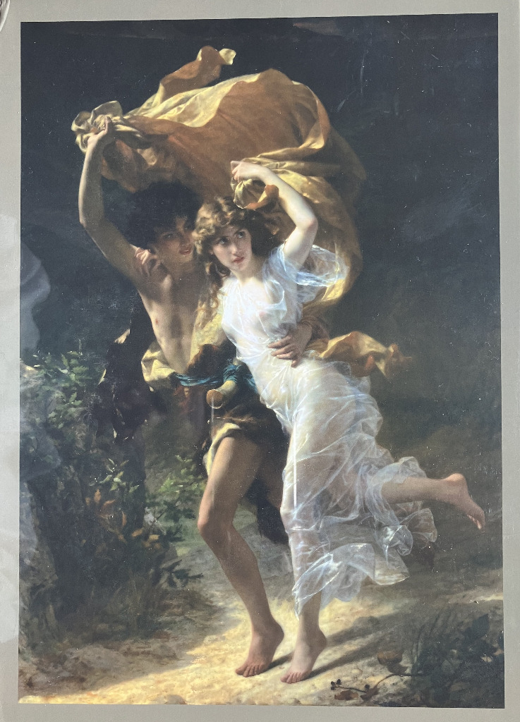 An oil painting of a young man and woman in white and gold robes fleeing through a dark landscape.
